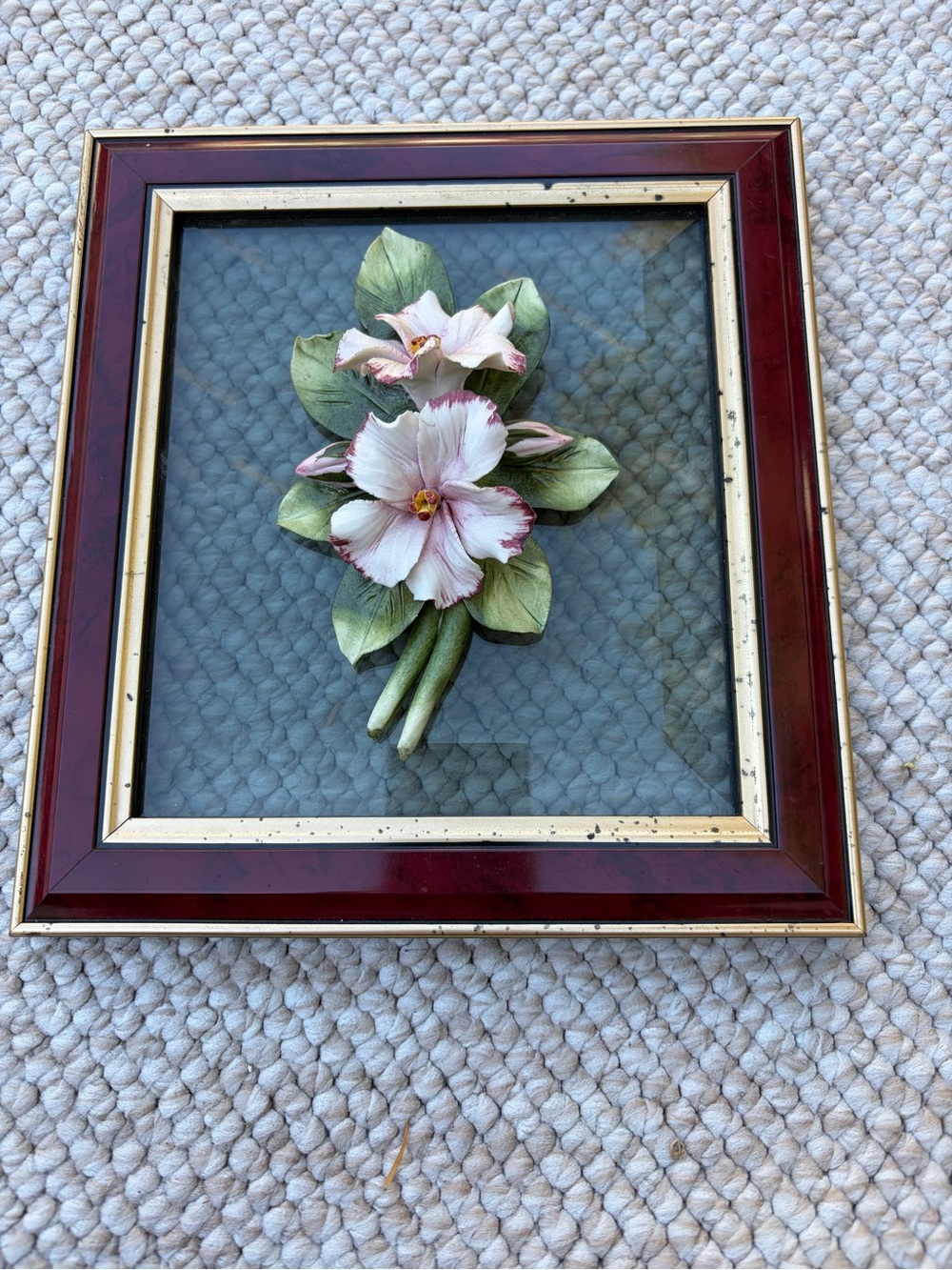 Vintage Framed Pink Floral Wall Art with Green Leaves porcelain flowers